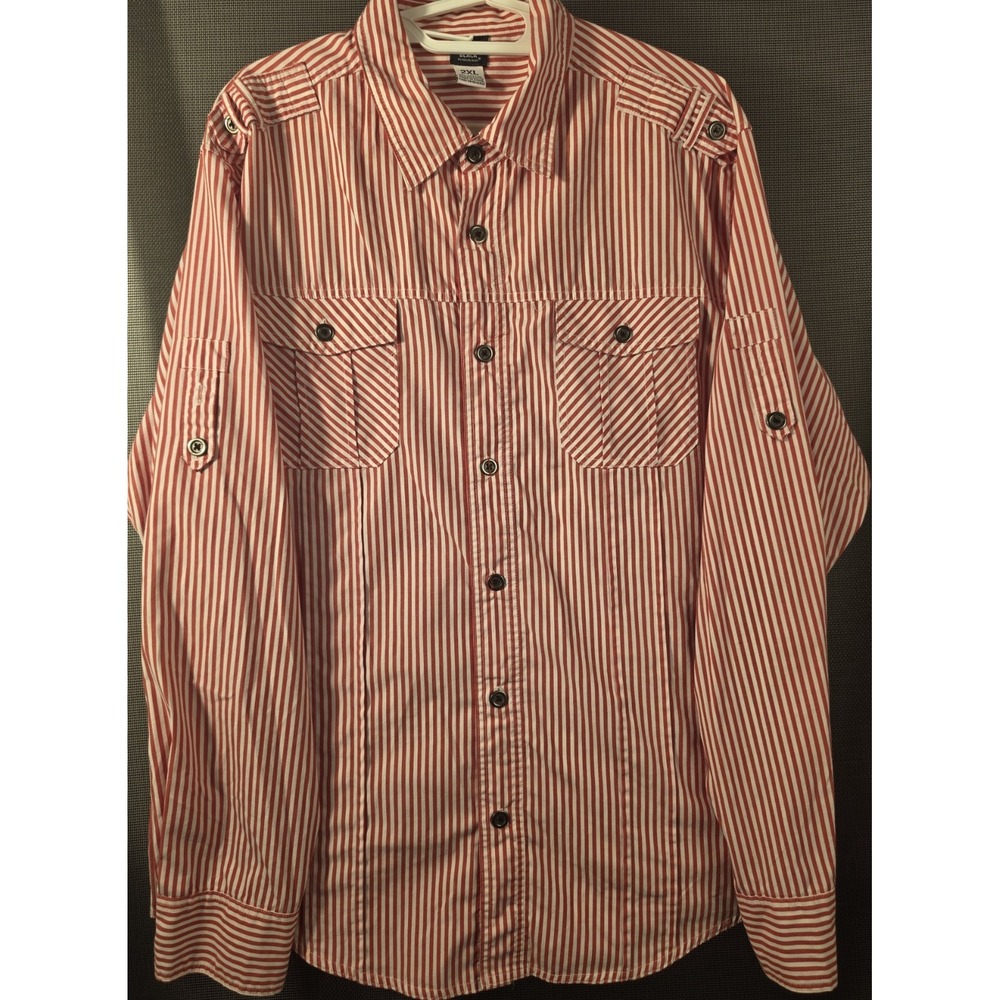 Black by Royal Blue Men's 2XL Red White Stripe Button Up Shirt Roll Tab Sleeve